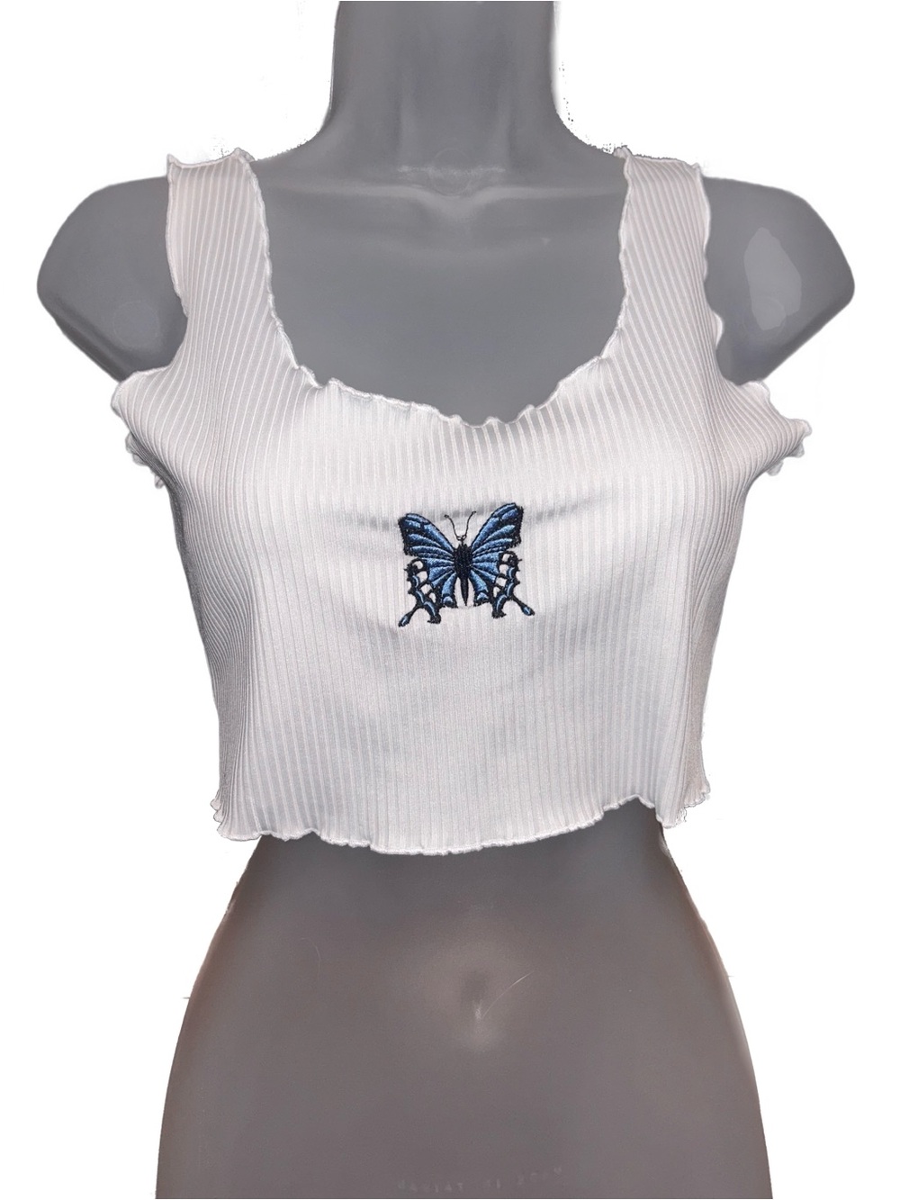 White Ribbed Cropped Tank with Blue Butterfly Embroidery